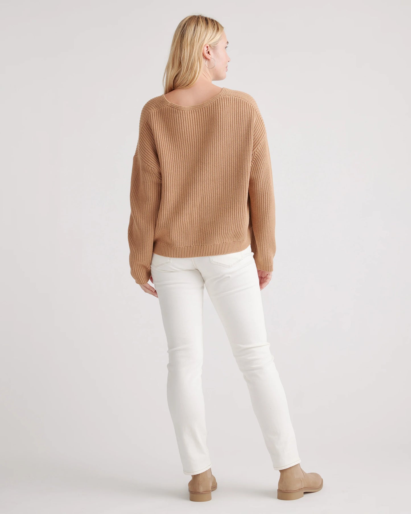 100% Organic Cotton Fisherman V-Neck Sweater - XS / Heather Brown