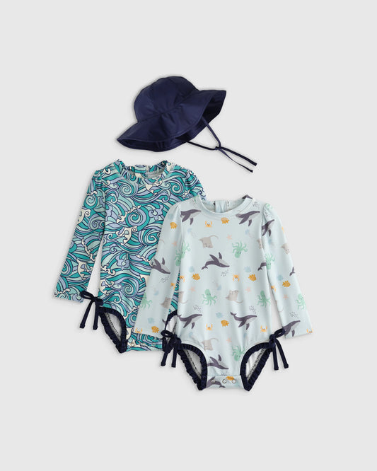 Sunsafe Ruffle One-Piece Rash Guard & Hat Set - 0-3M / Under the Sea/Waves