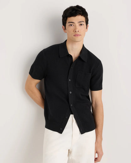 100% Organic Cotton Mesh-Stitch Button-Up Sweater Polo - XS / Speckled Beige