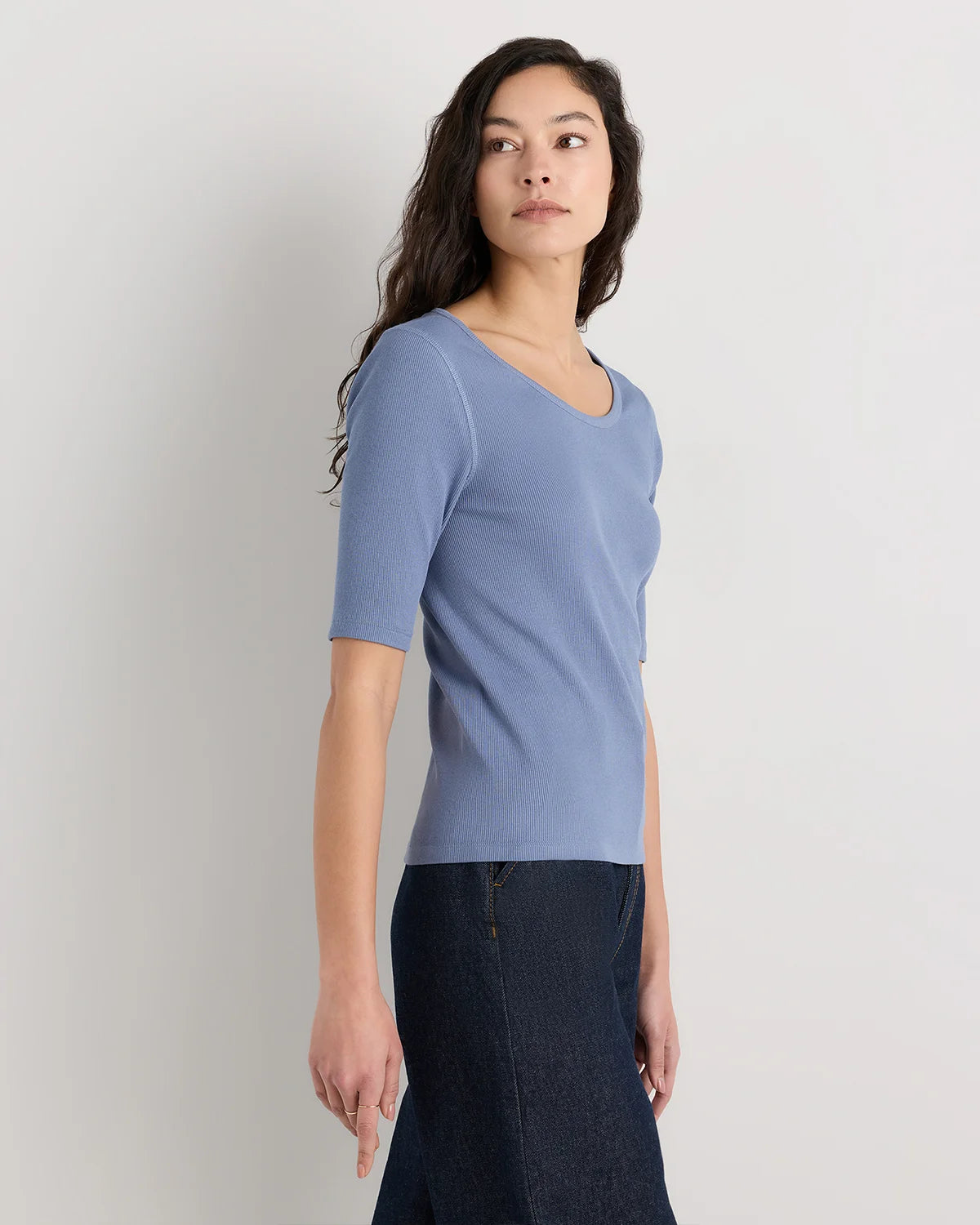 Organic Cotton Micro-Rib Elbow Sleeve Tee - XS / Moonstone Blue