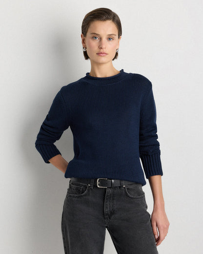 100% Organic Cotton Roll Neck Sweater - XS / Cornflower Mini Stripe