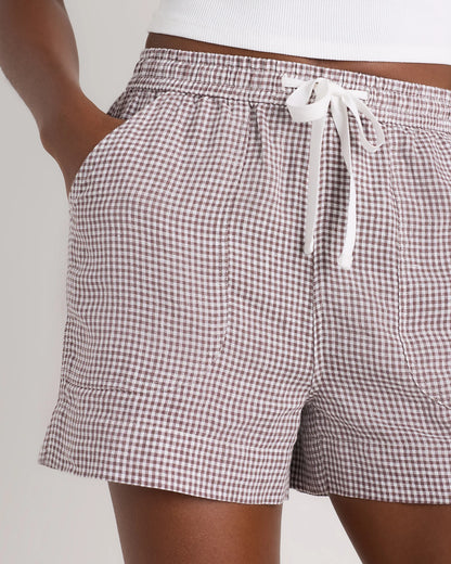 100% European Linen Shorts - XS / Taupe Brown Gingham