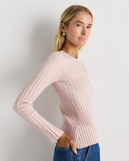Cotton Cashmere Ribbed Long Sleeve Sweater - XS / Sugar Stone