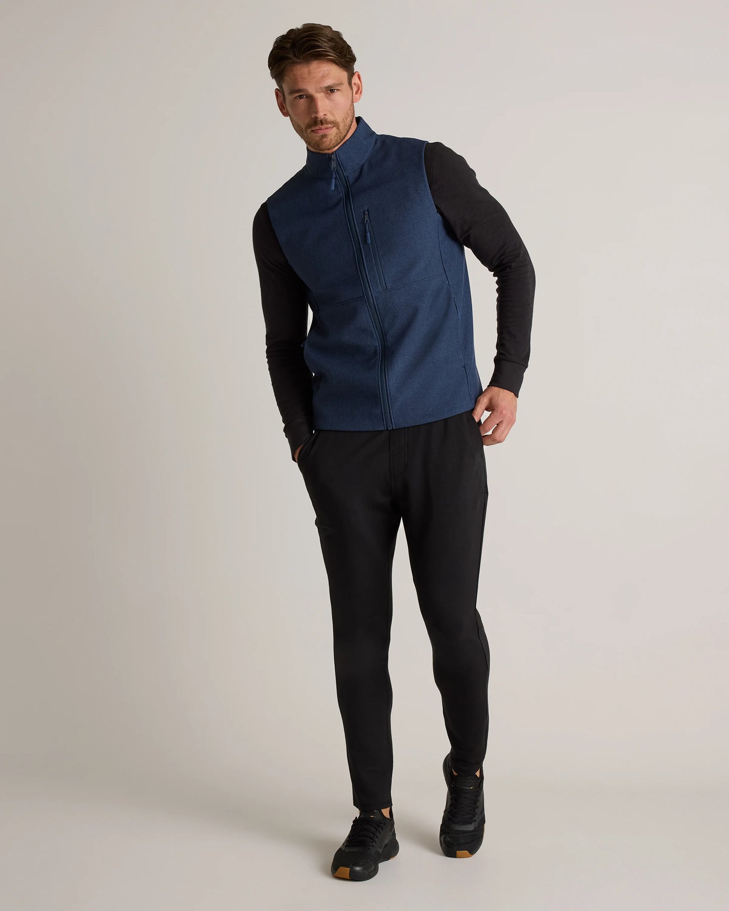 Softshell Fleece-Lined Full-Zip Vest - S / Heather Deep Navy