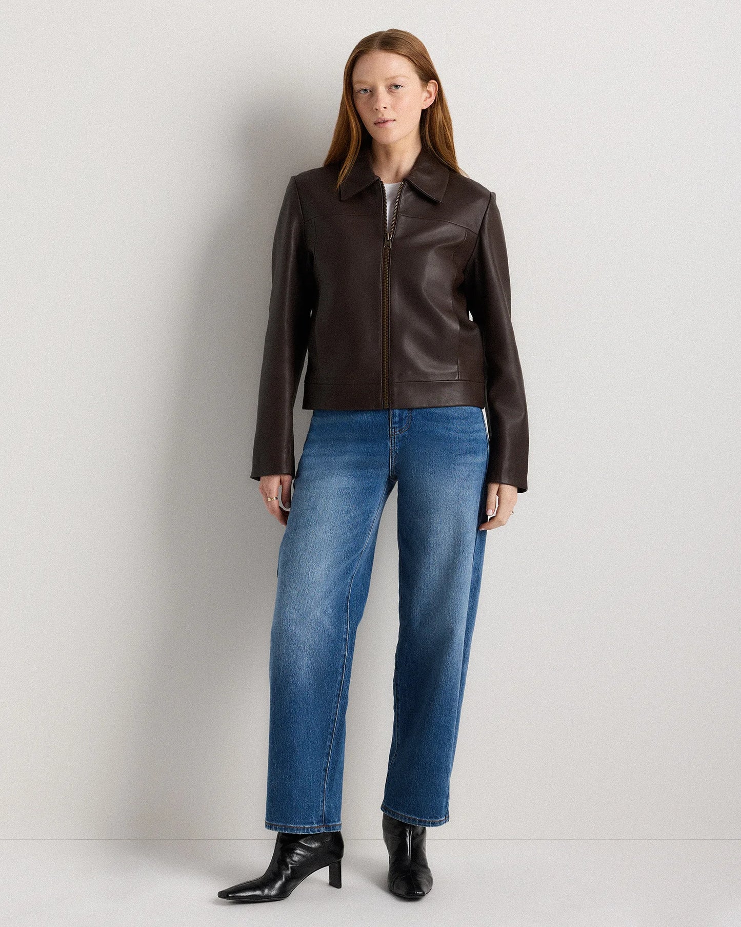 100% Leather Cropped Zip-Front Jacket - XS / True Black