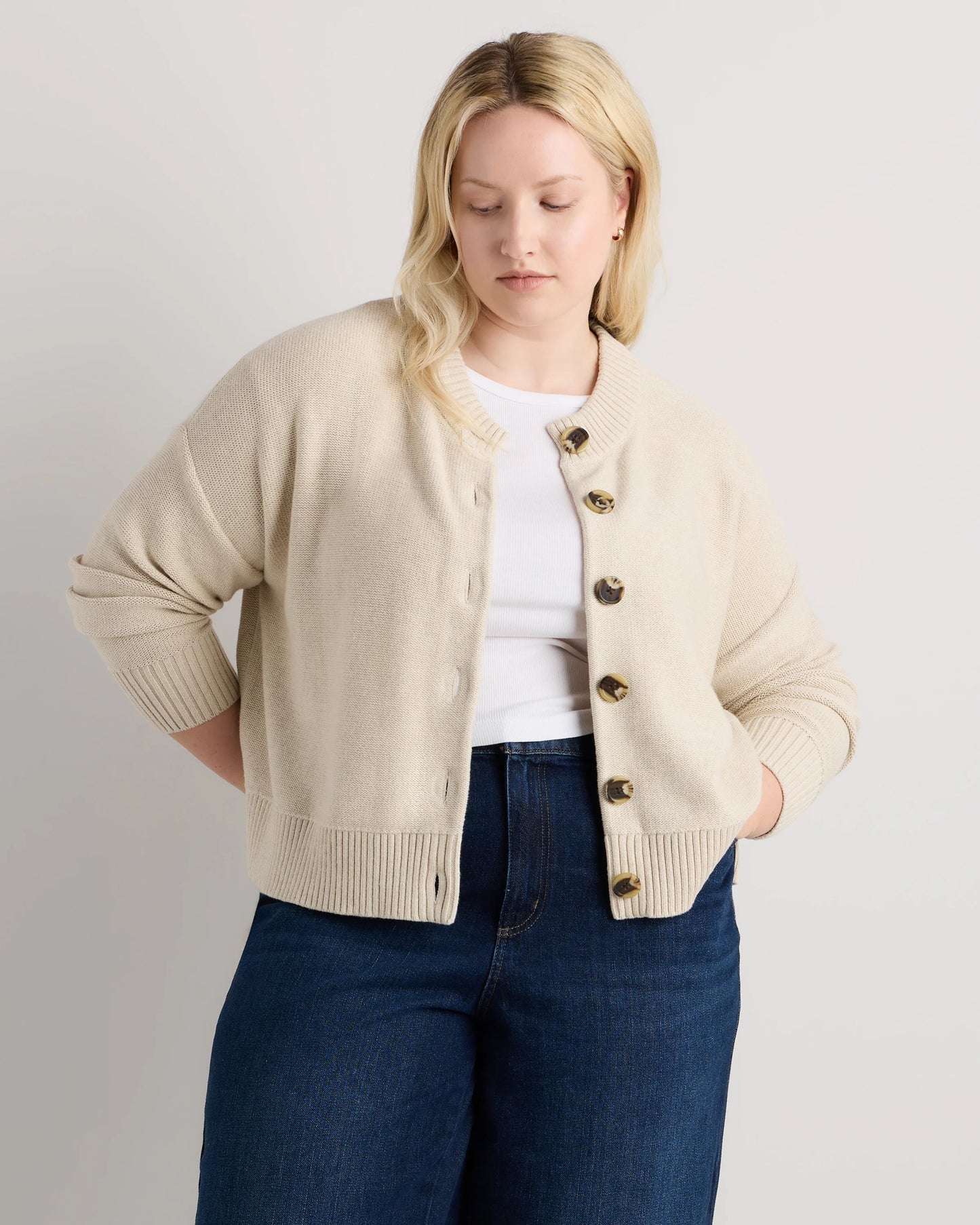 100% Organic Cotton Cropped Cardigan - 1X / Speckled Beige