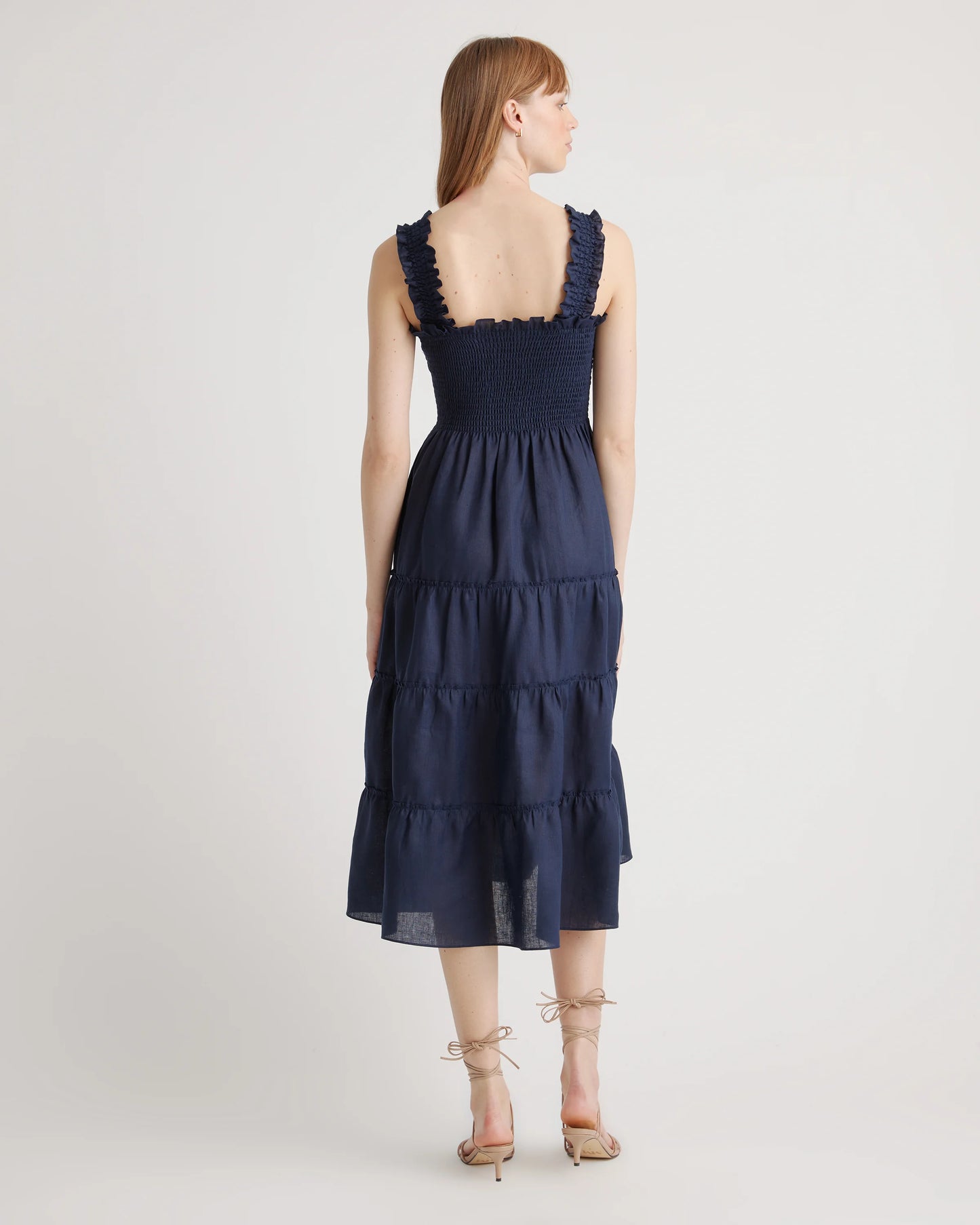 100% European Linen Smocked Midi Dress - XS / Ivory Porcelain Blue Petite Floral