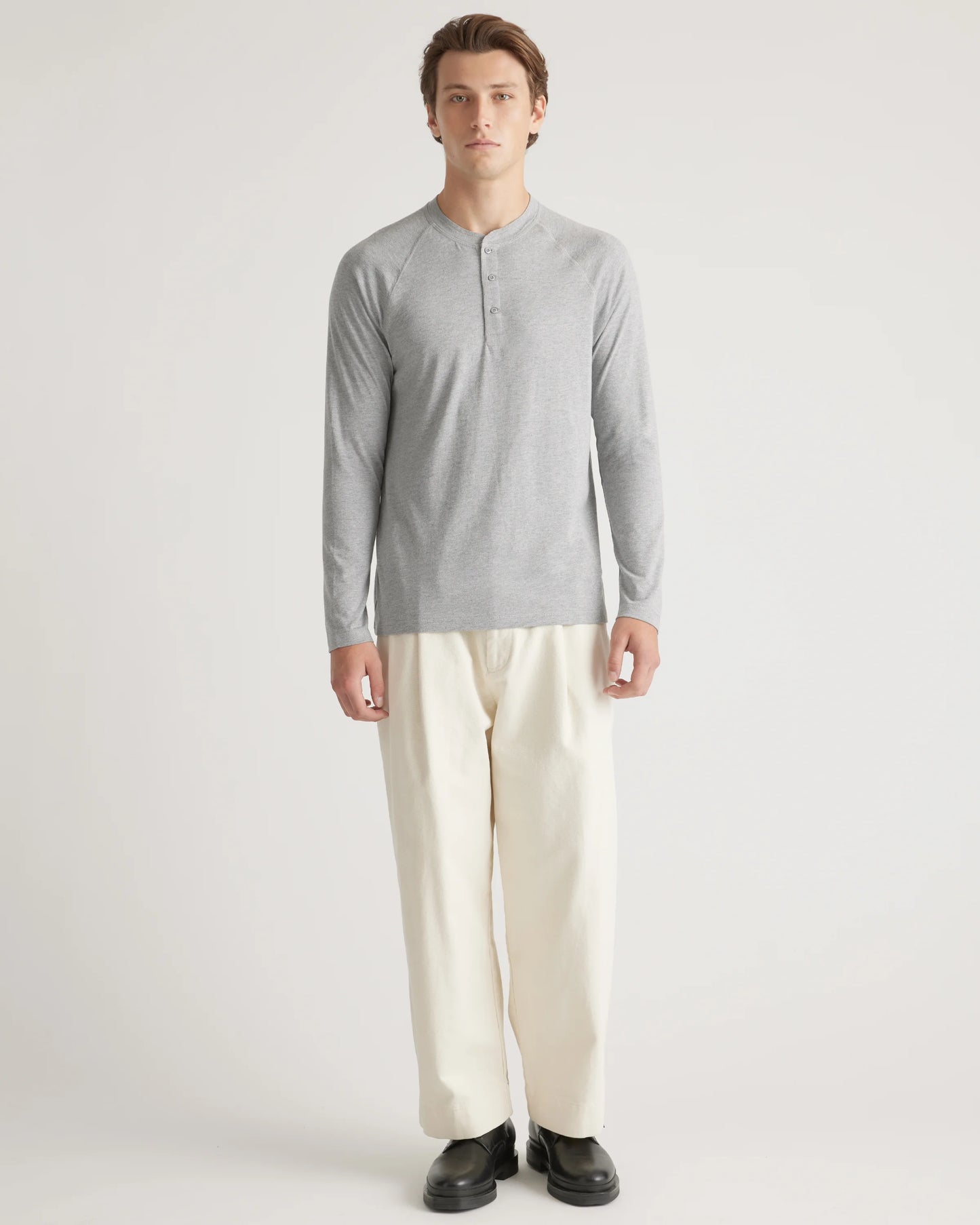 Cotton Modal Long Sleeve Henley Tee - S / Heather Grey