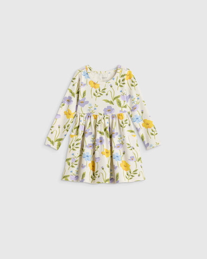 Organic Cotton Long Sleeve Fit and Flare Pocket Dress - 12-18M / Purple Poppy Garden