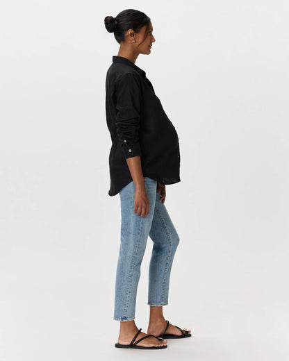 100% European Linen Maternity Long Sleeve Shirt - XS / Blue Pinstripe