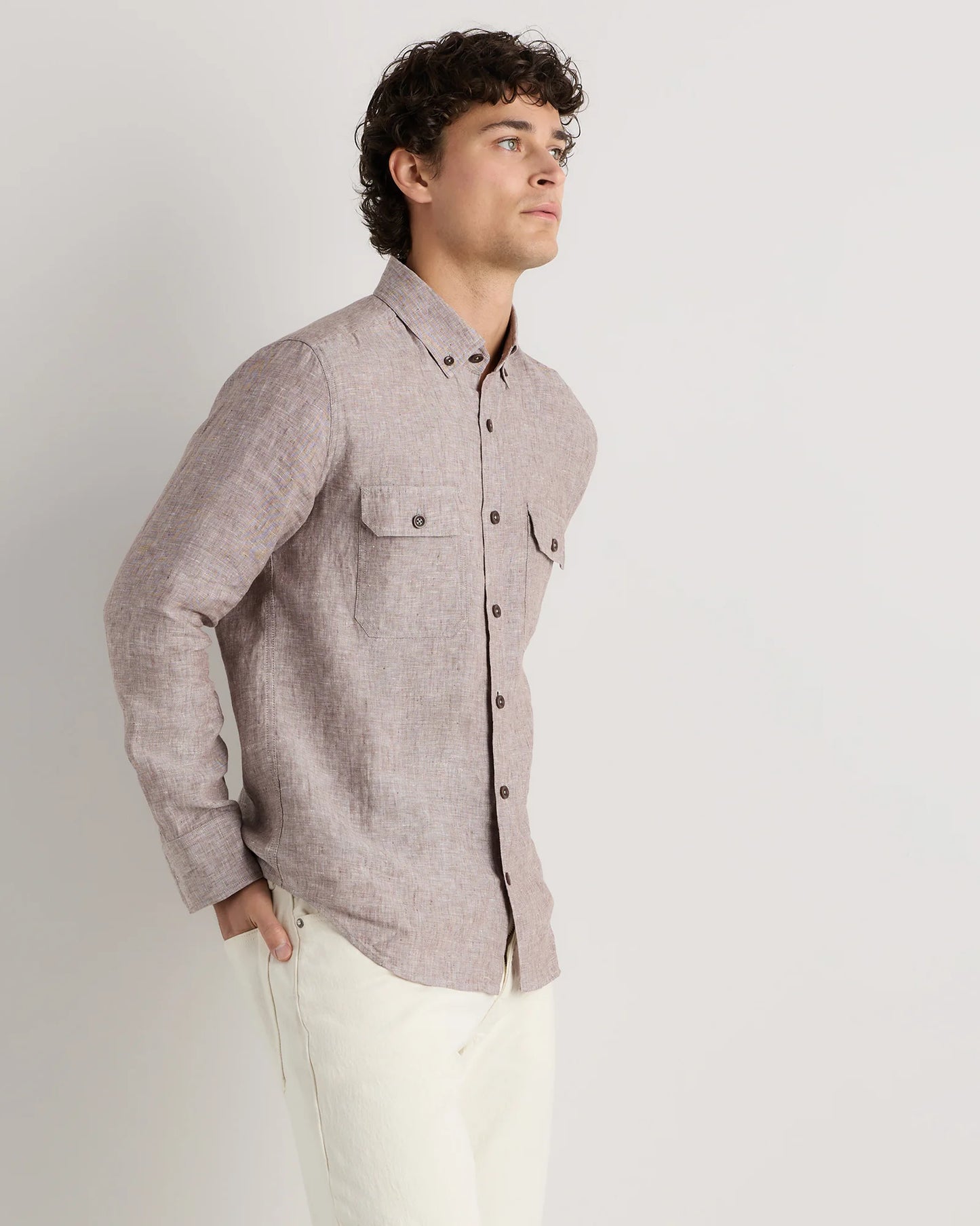 100% European Linen Utility Shirt - S / Taupe Brown Chambray