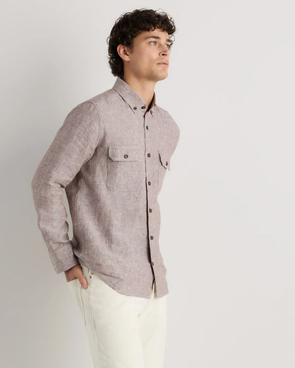 100% European Linen Utility Shirt - S / Taupe Brown Chambray