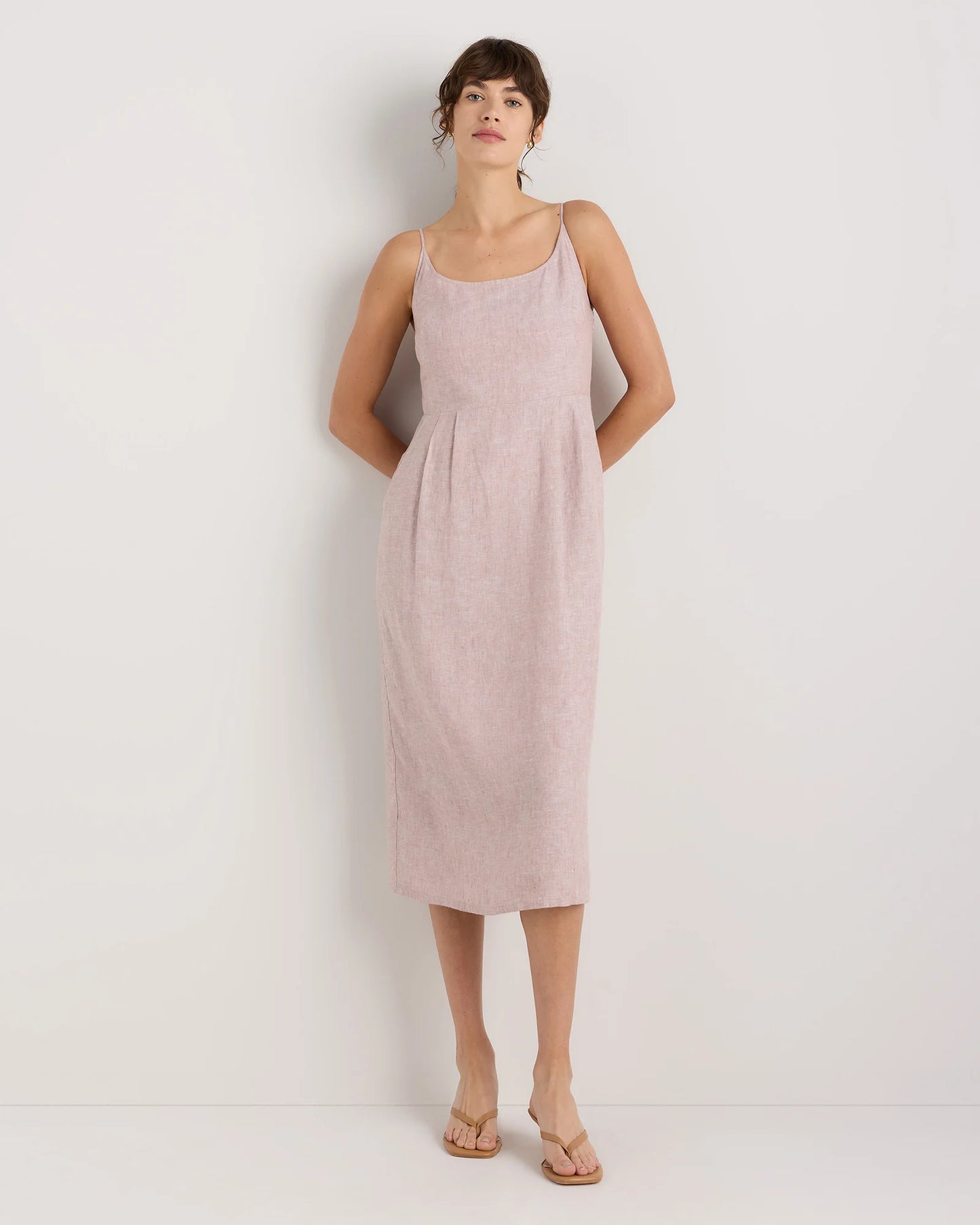 100% European Linen Scoop Neck Midi Dress - XS / Ivory Porcelain Blue Petite Floral