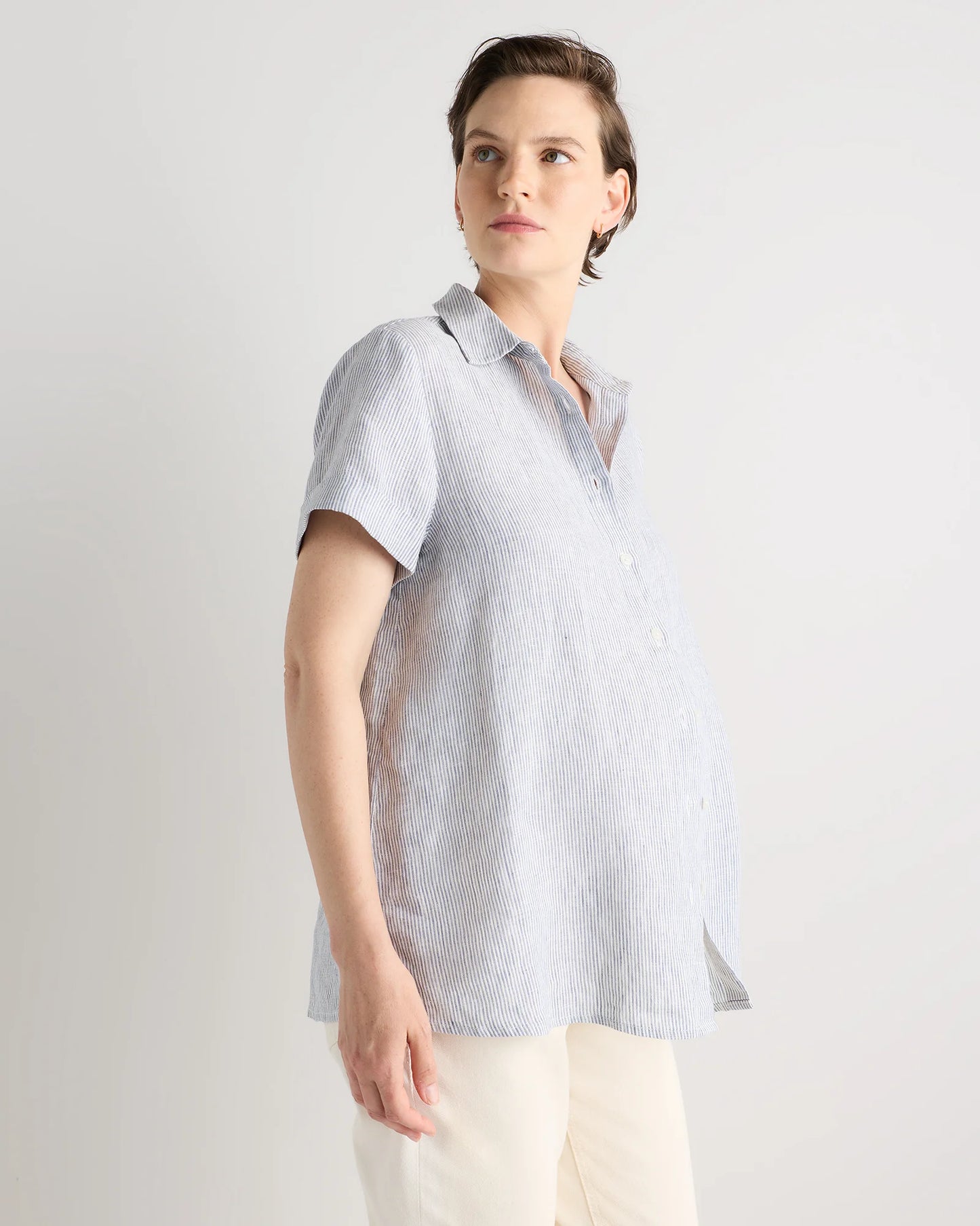 100% European Linen Maternity Camp Shirt - XS / Blue Pinstripe