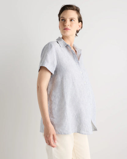 100% European Linen Maternity Camp Shirt - XS / Blue Pinstripe