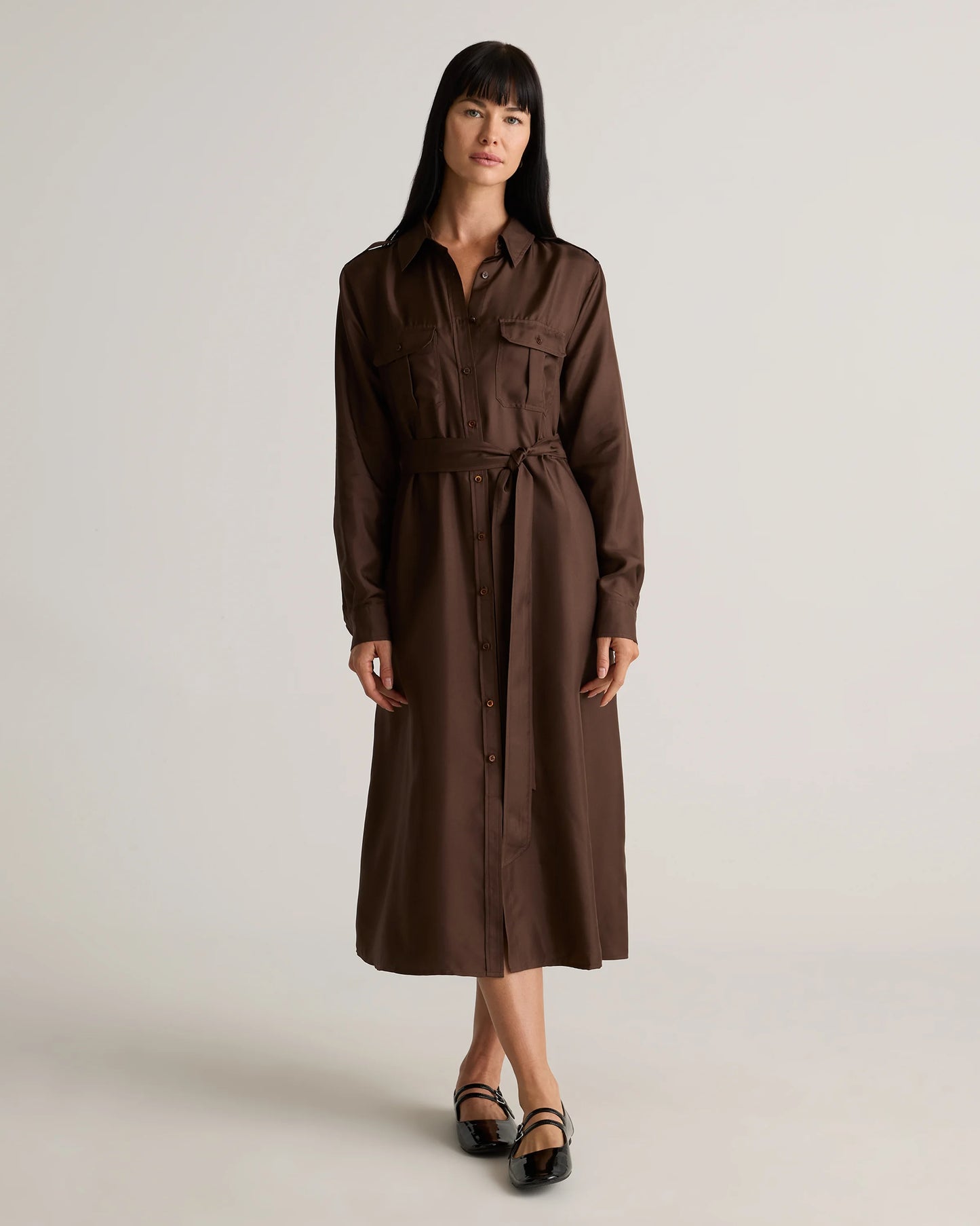 100% Silk Twill Utility Shirt Dress - XS / Hot Fudge