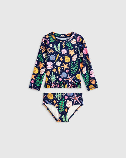 Long Sleeve Ruffle Rash Guard Two-Piece Swimsuit - 2T / Poolside Floral