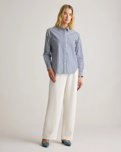 100% Organic Cotton Poplin Long Sleeve Shirt - XS / Delta Blue Double Stripe