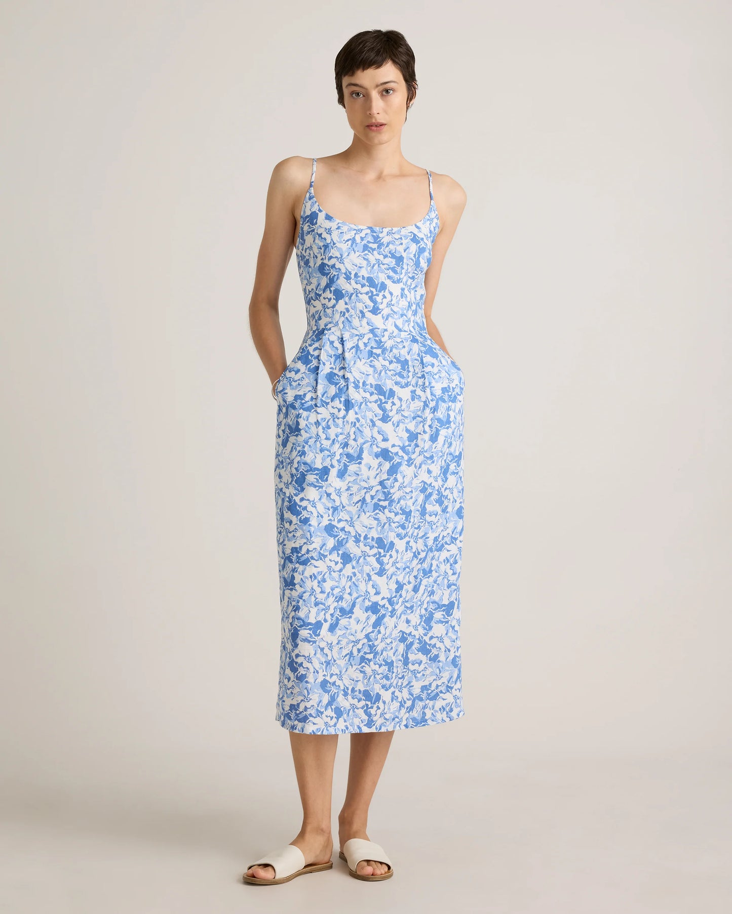 100% European Linen Scoop Neck Midi Dress - XS / Ivory Porcelain Blue Petite Floral