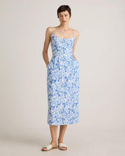 100% European Linen Scoop Neck Midi Dress - XS / Ivory Porcelain Blue Petite Floral
