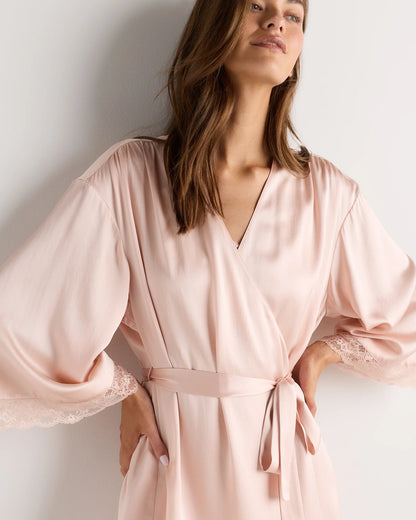 100% Washable Silk Satin Lace Trim Robe - XS / Black