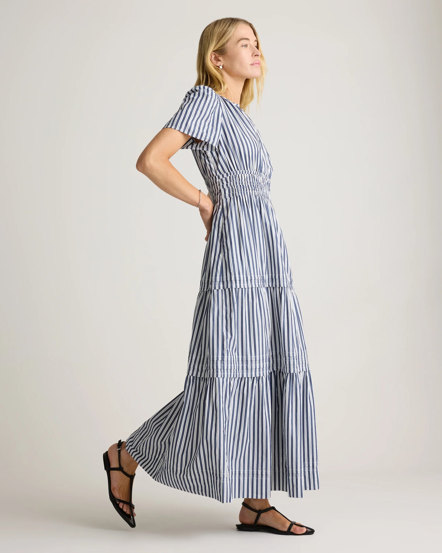 100% Organic Cotton Poplin Tiered Maxi Dress - XS / Riviera Blue Heirloom Floral