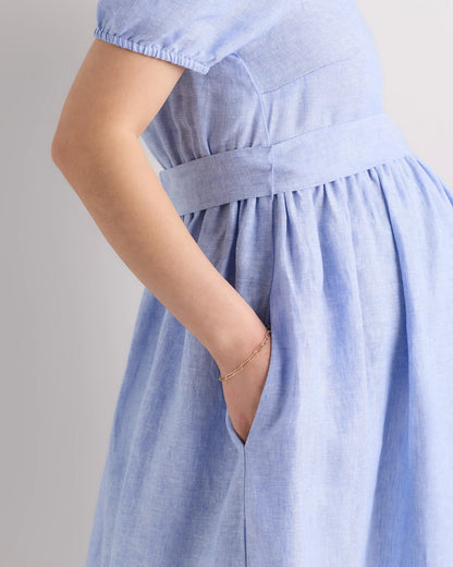 100% European Linen Maternity Short Sleeve Midi Dress - XS / Ivory Porcelain Blue Petite Floral