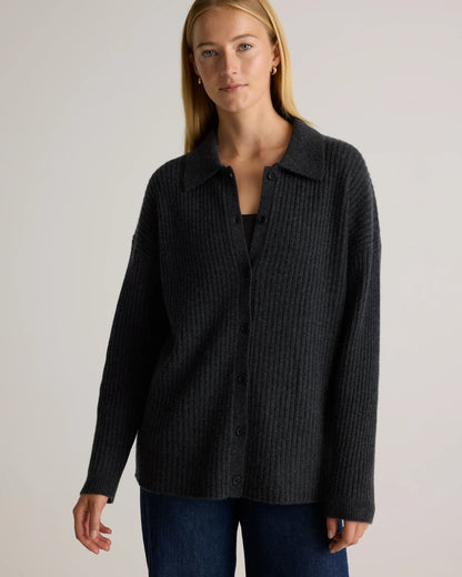 Mongolian Cashmere Wide-Rib Oversized Collared Cardigan - XS / Oatmeal