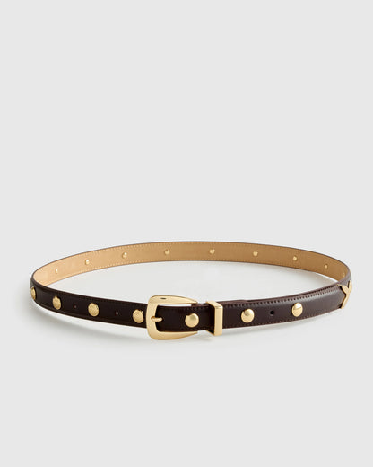 Alyssa European Leather Studded Skinny Belt - XS / Black/Silver