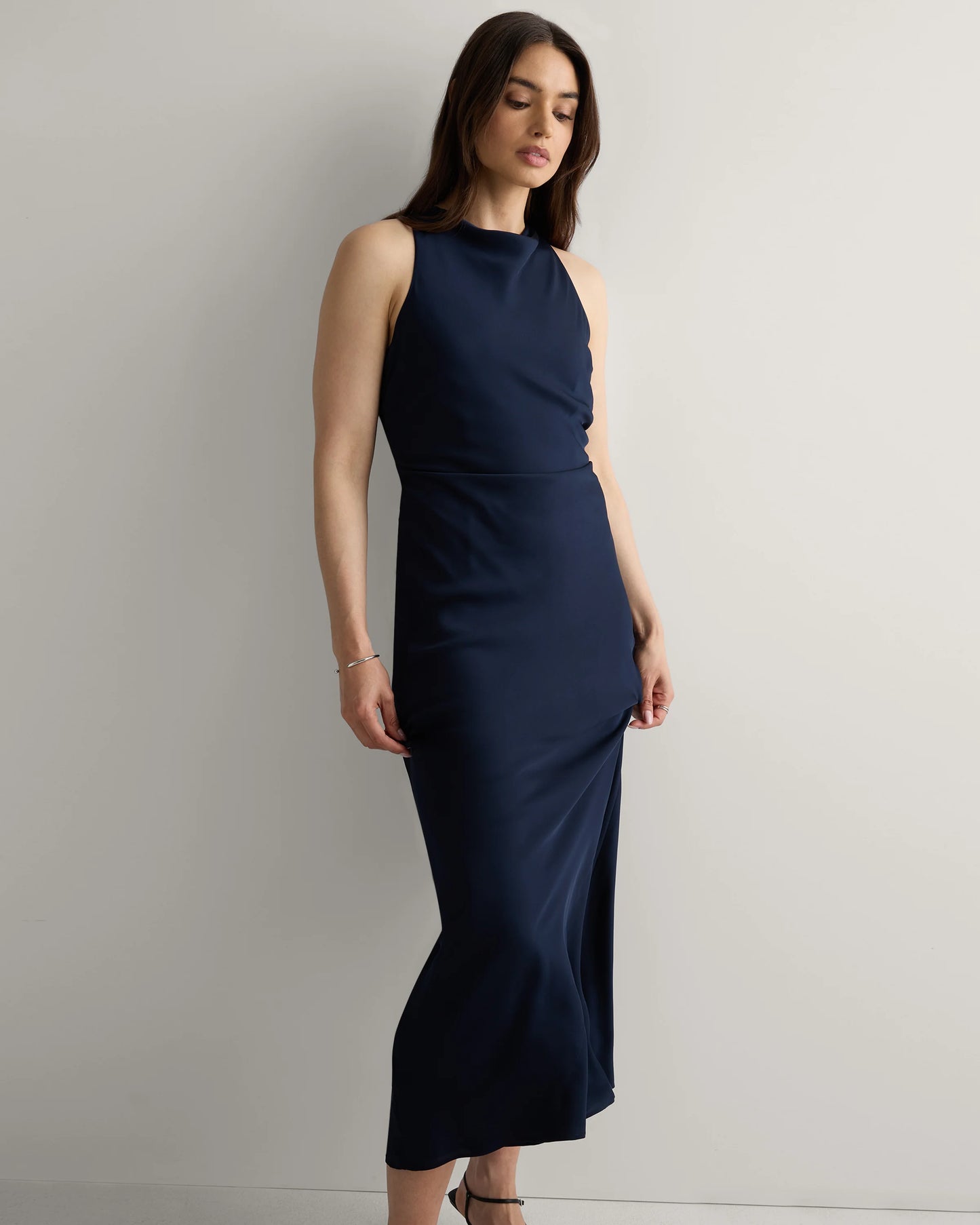 Washable Stretch Silk High Neck Midi Dress - XS / Vintage Navy Roses