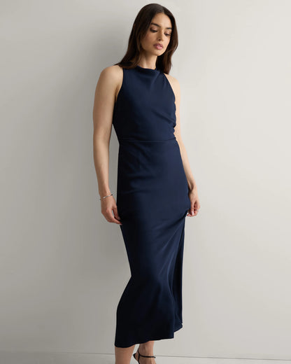 Washable Stretch Silk High Neck Midi Dress - XS / Vintage Navy Roses