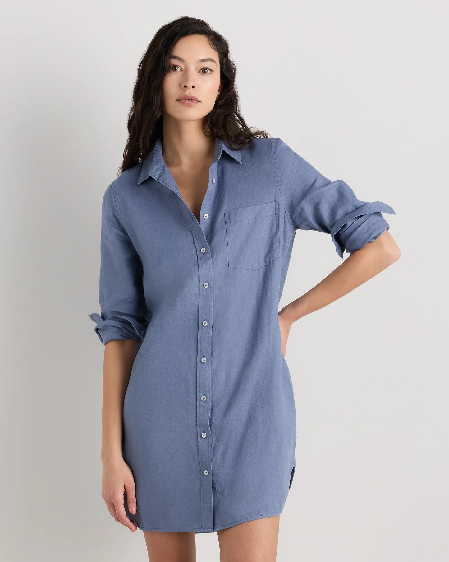 100% European Linen Shirt Dress - XS / Sky Blue Mariner Stripe
