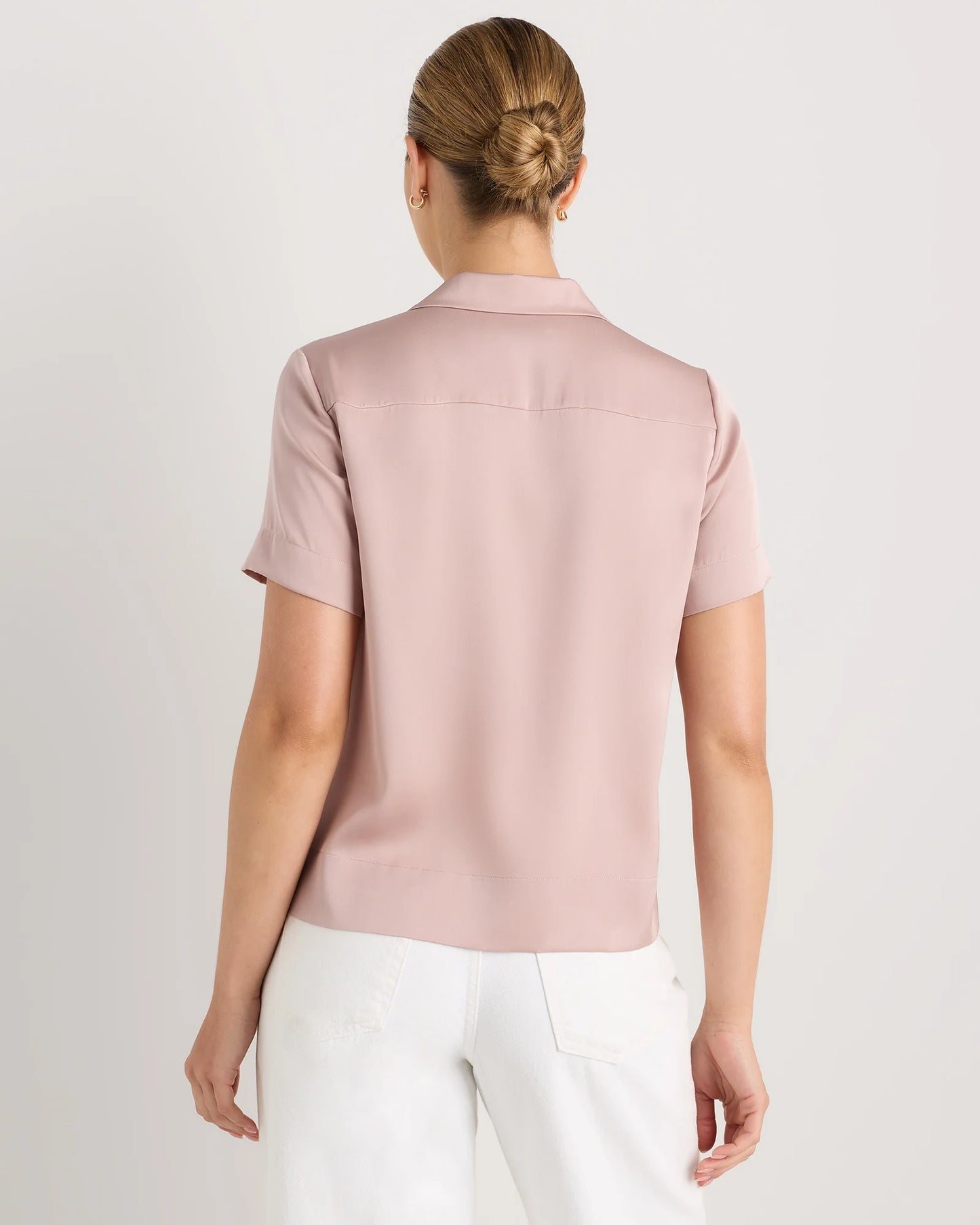 Washable Stretch Silk Short Sleeve Notch Collar Blouse - XS / Vintage Pink