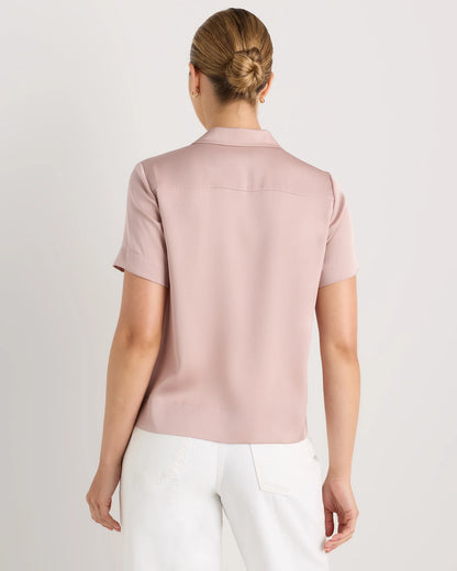 Washable Stretch Silk Short Sleeve Notch Collar Blouse - XS / Vintage Pink