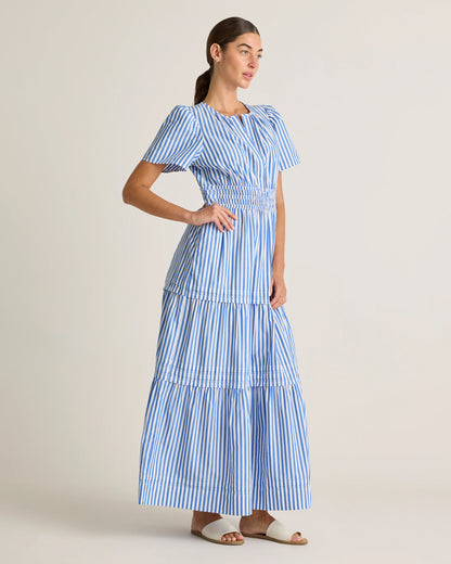 100% Organic Cotton Poplin Tiered Maxi Dress - XS / Riviera Blue Heirloom Floral