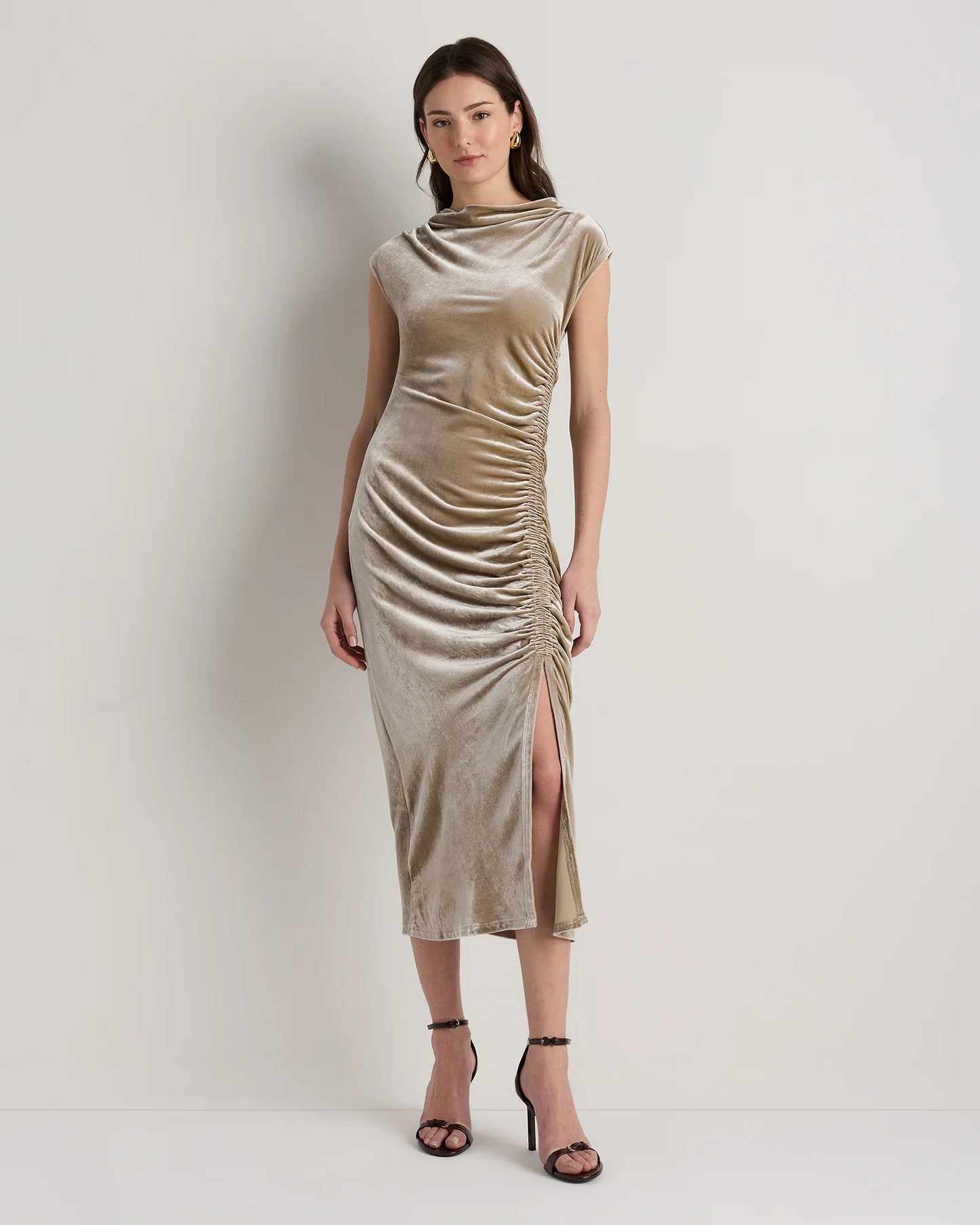 Stretch Silk Velvet Ruched Midi Dress - 0 / Black