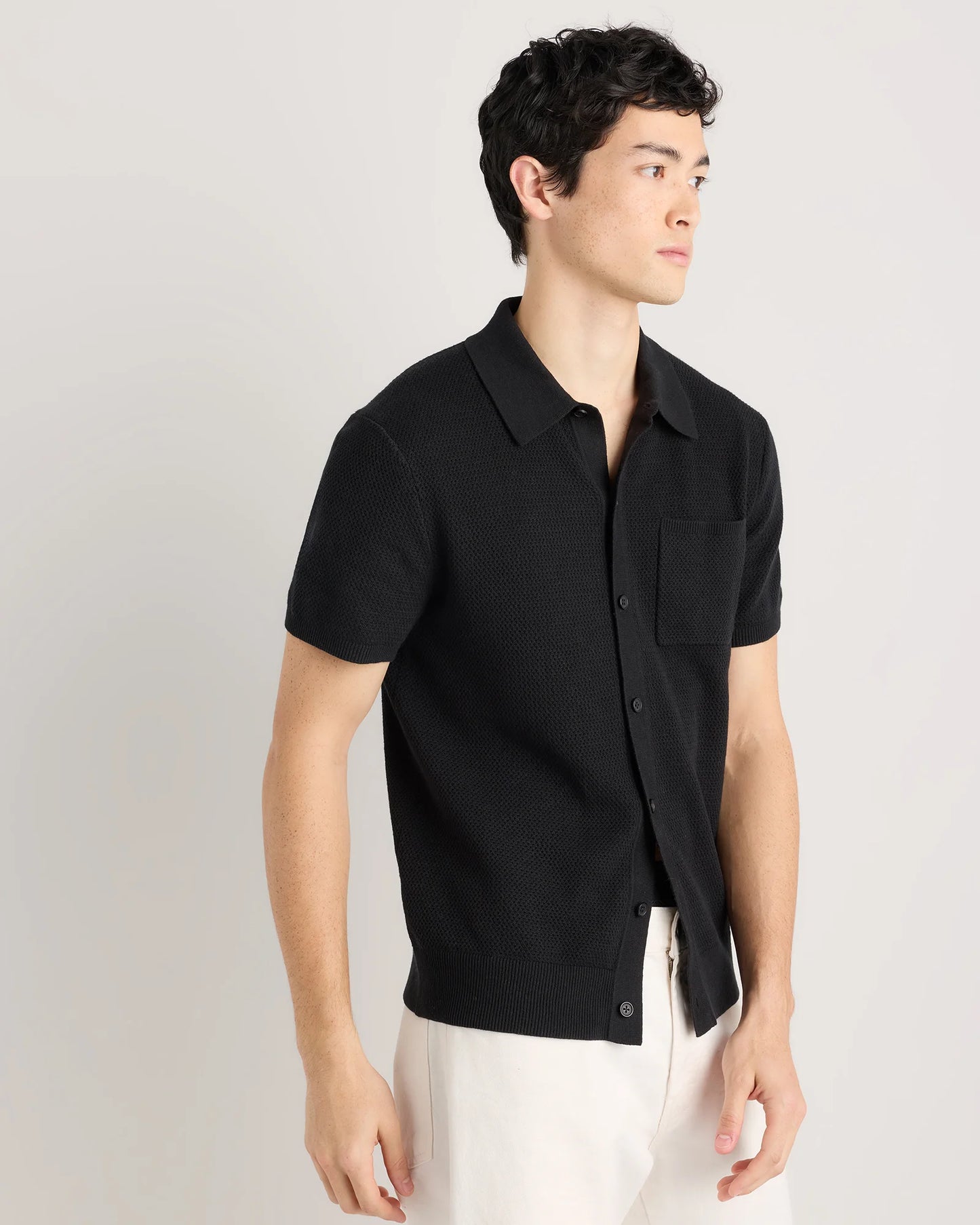 100% Organic Cotton Mesh-Stitch Button-Up Sweater Polo - XS / Speckled Beige