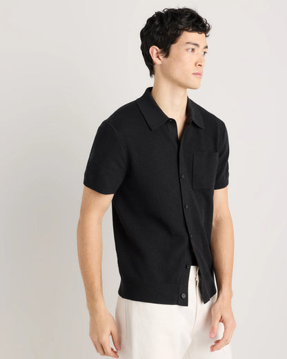 100% Organic Cotton Mesh-Stitch Button-Up Sweater Polo - XS / Speckled Beige
