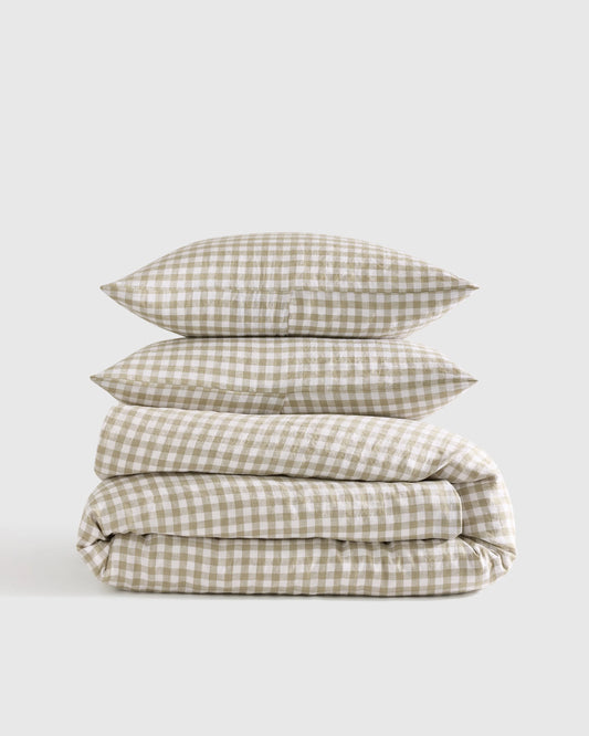 European Linen Gingham Duvet Cover Set - Twin / Blue Fog