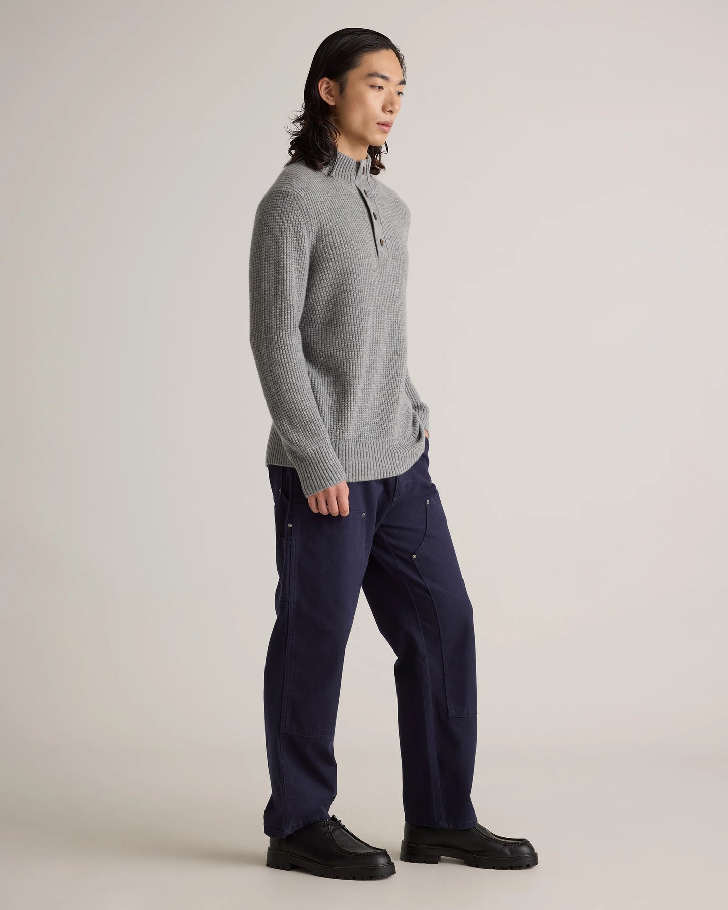 Mongolian Cashmere Waffle Quarter Button Sweater - S / Elk Brown