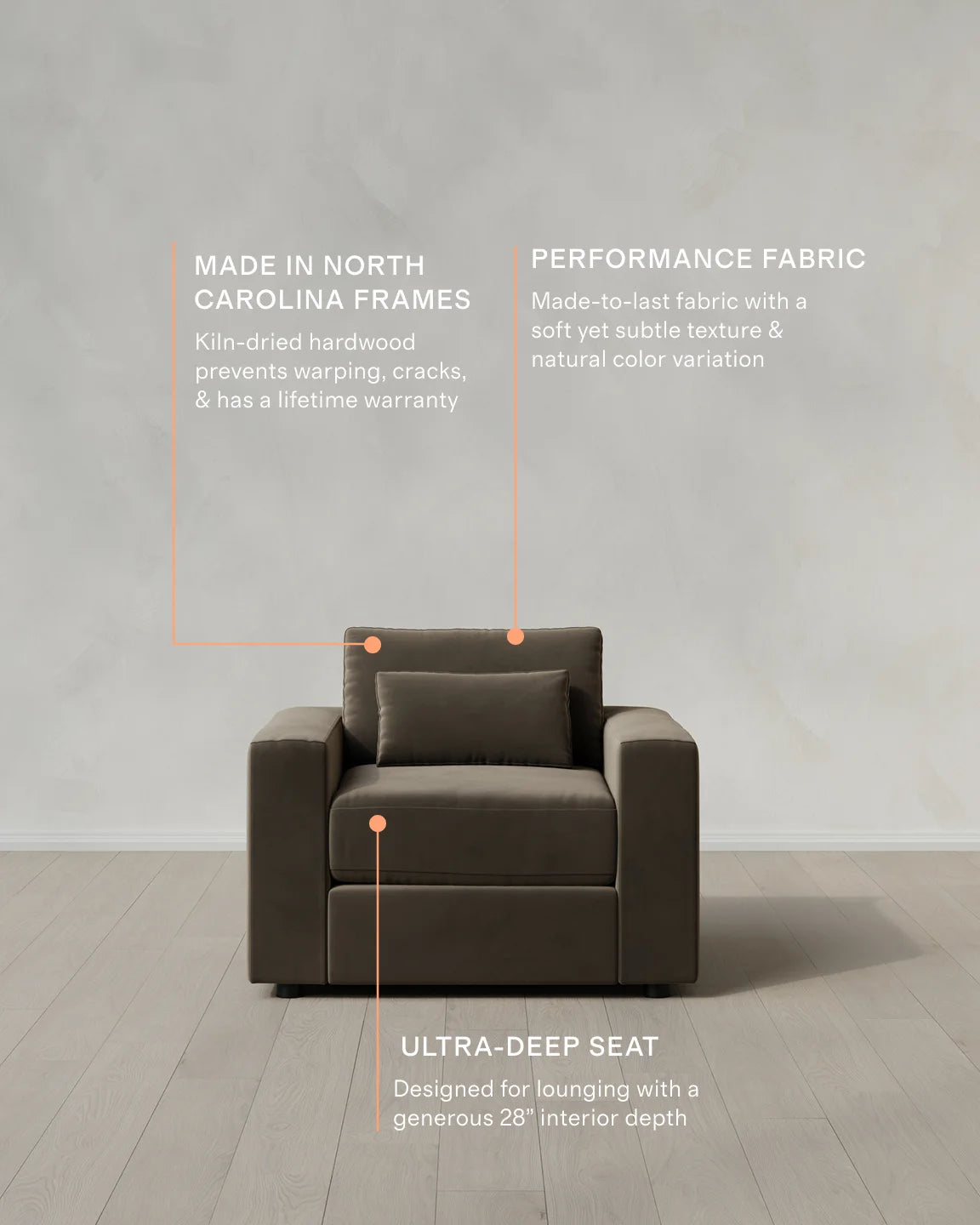Ashford Deep Seat Chair and a Half in Performance Velvet - 46" / Caramel