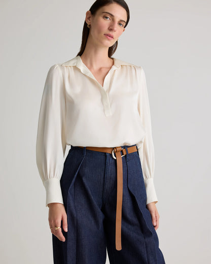Washable Stretch Silk Split Neck Blouse - XS / Forest Green