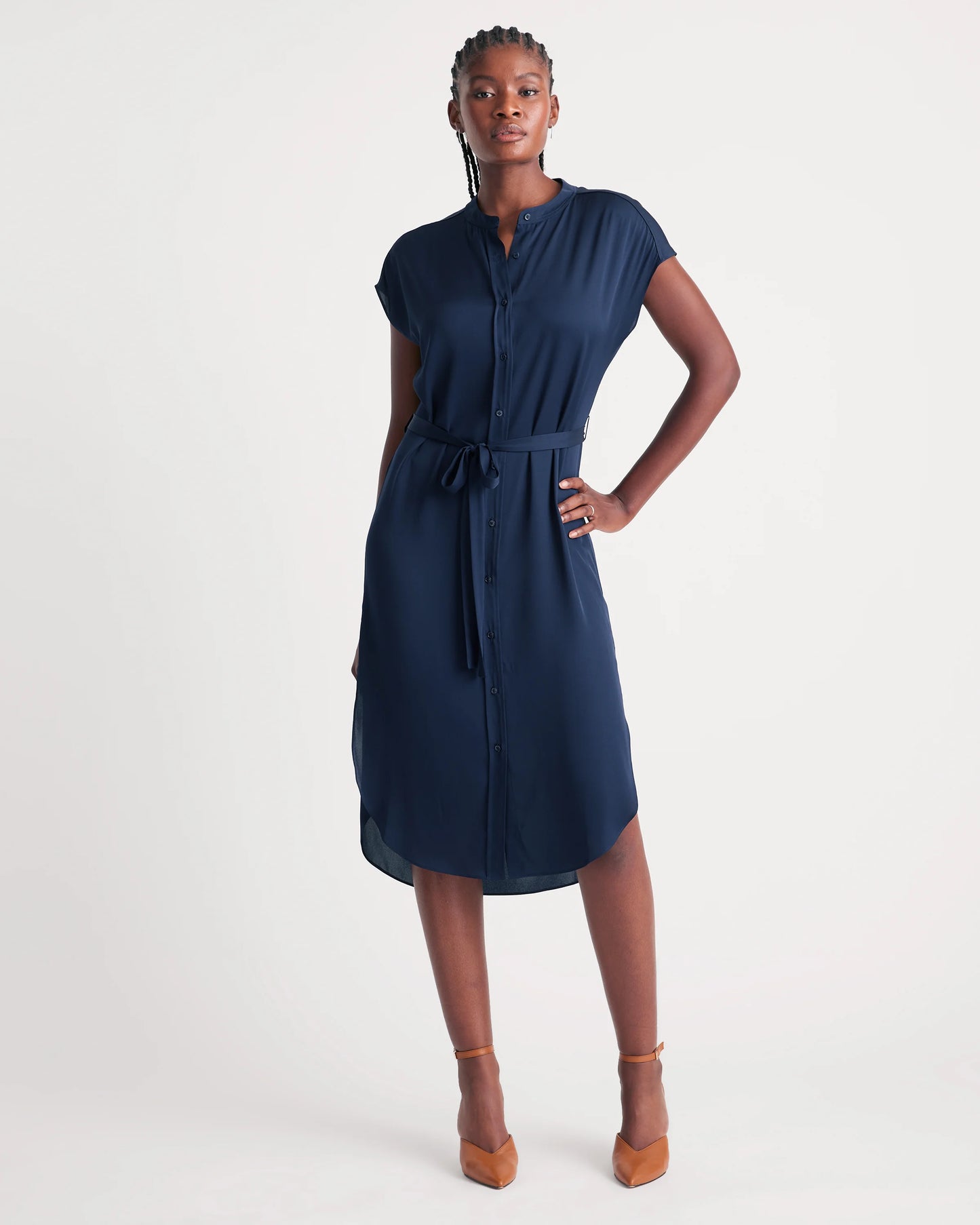 Washable Stretch Silk Midi Shirt Dress - XS / Black