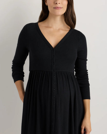 Bamboo Rib Maternity Long Sleeve Button Front Dress - XS / Classic White