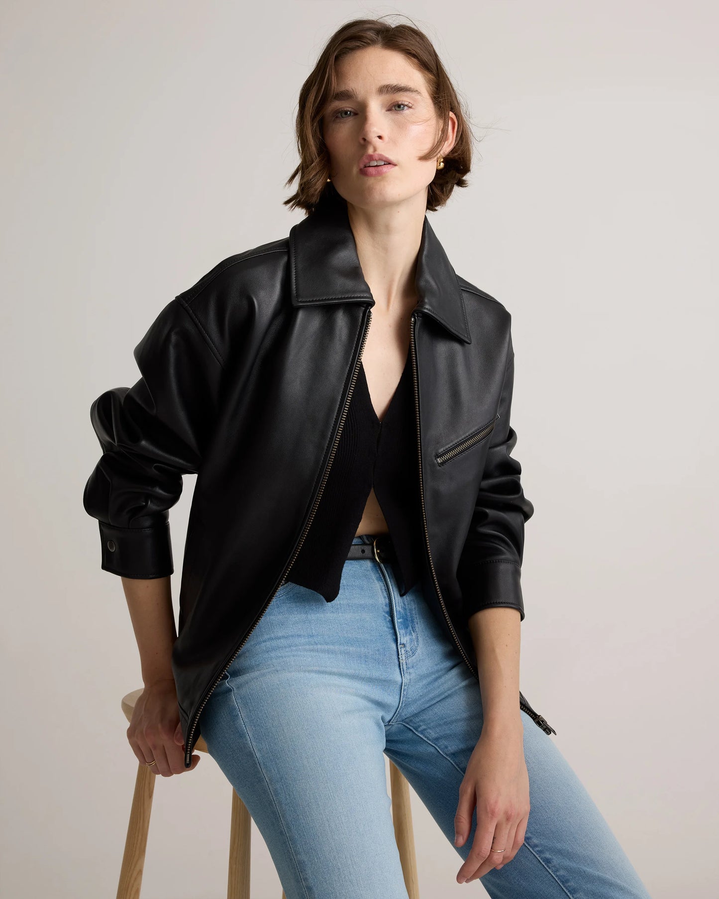100% Leather Oversized Bomber Jacket - XS / Rich Brown