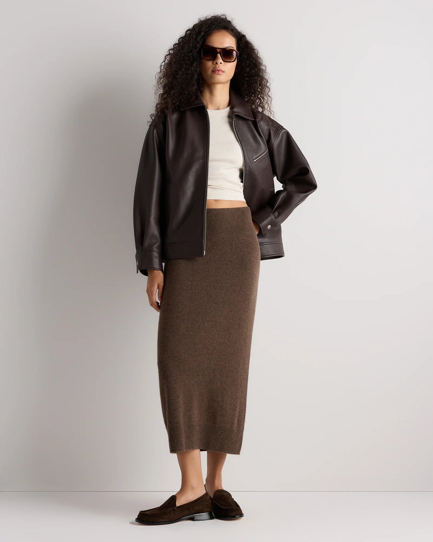 Mongolian Cashmere Fitted Midi Skirt - XS / Brown