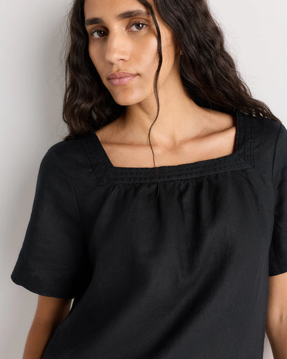 100% European Linen Square Neck Swing Top - XS / Black