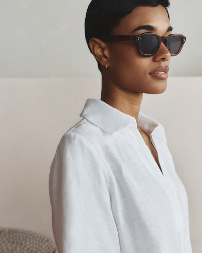 100% European Linen Short Sleeve Popover Top - XS / Blue Pinstripe