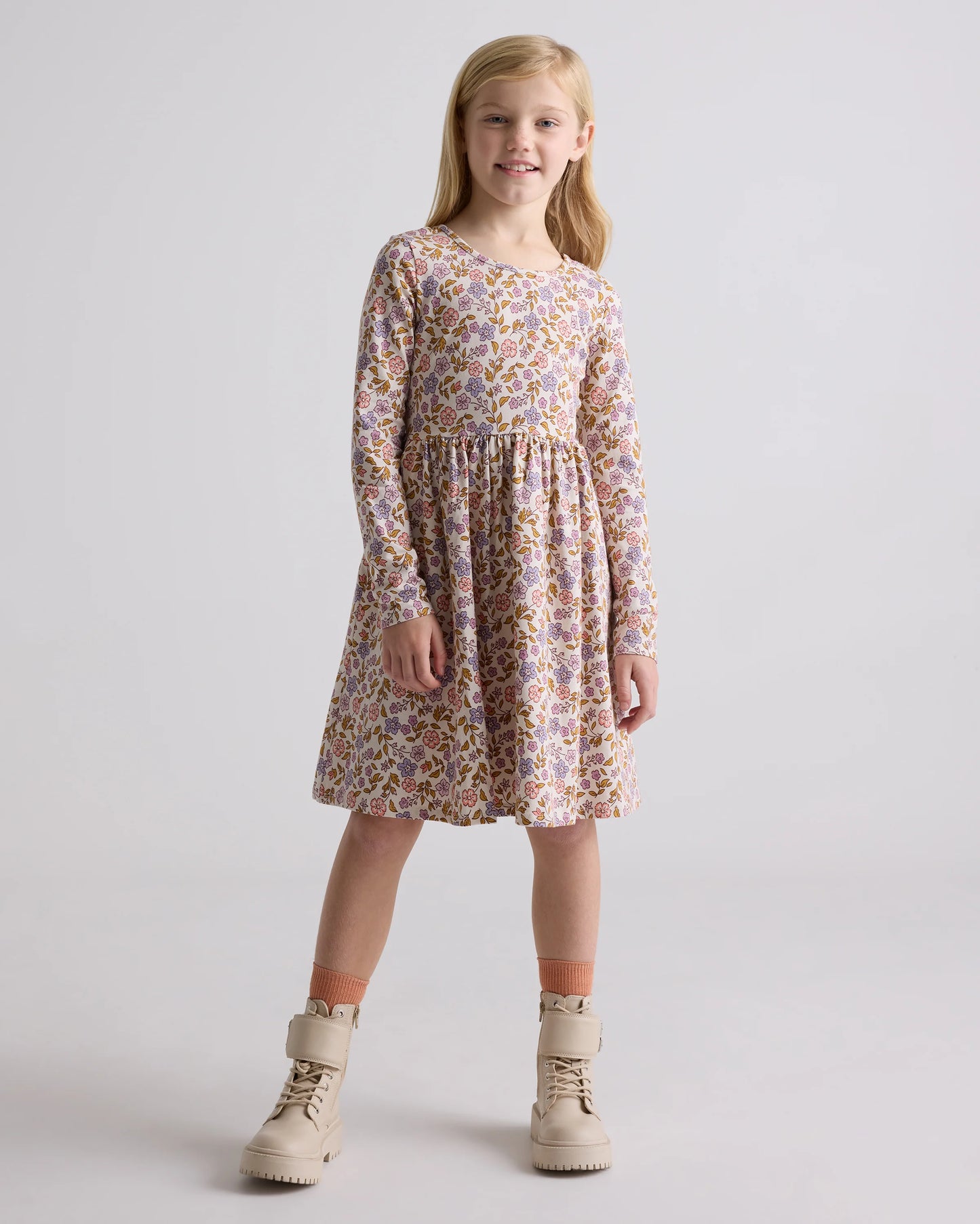 Organic Cotton Long Sleeve Skater Dress - 6 / Red Poppy Garden