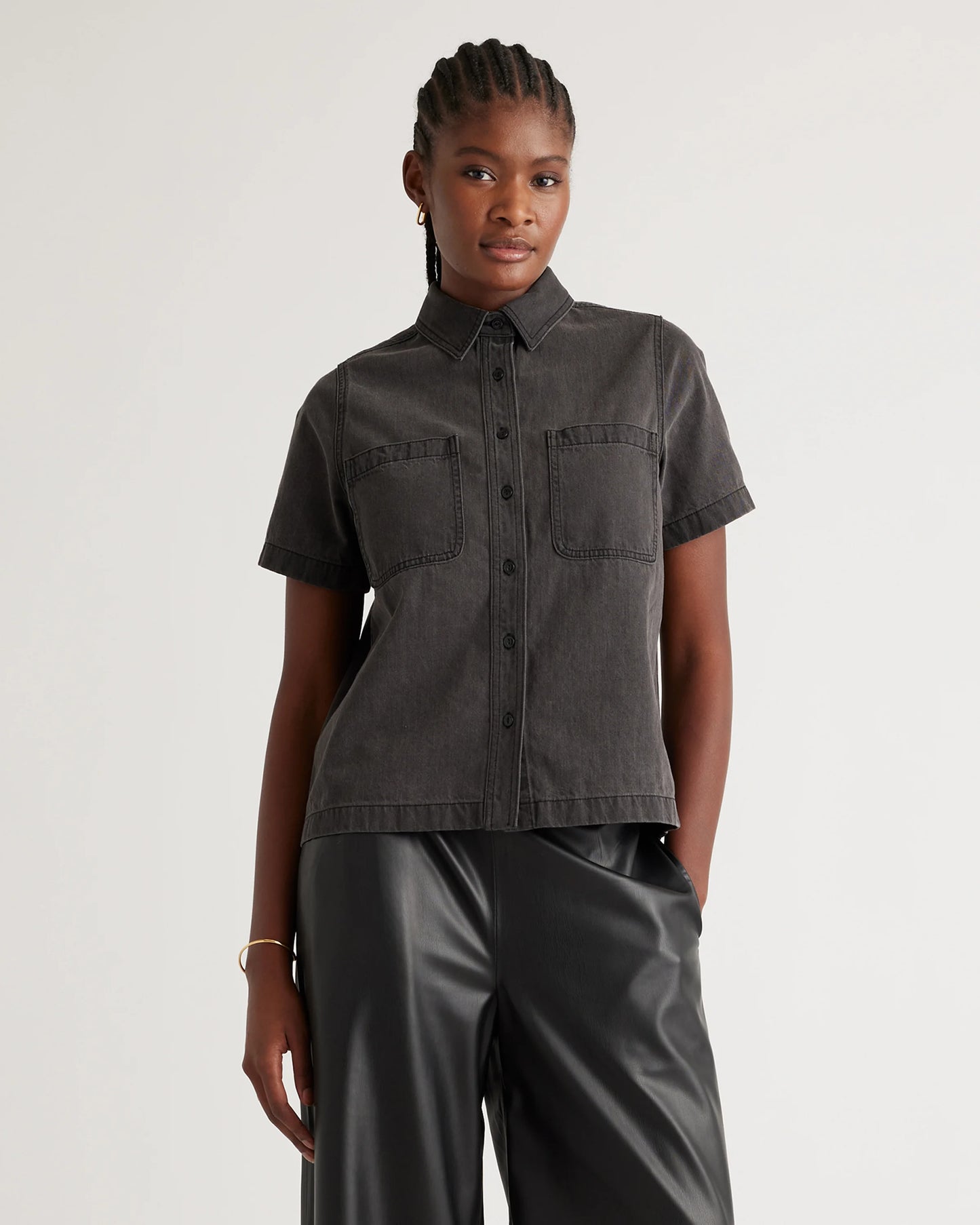 Distressed Denim Short Sleeve Shirt - XS / Light Chambray